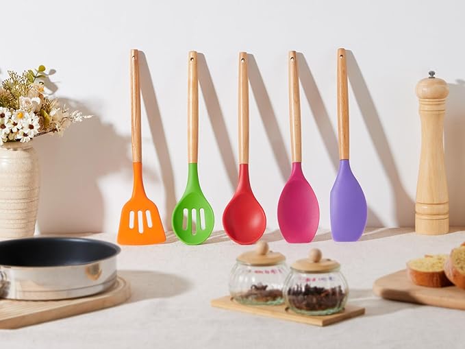 E-far Silicone Cooking Utensils Set, 5-Piece Kitchen Utensils Set with Wooden Handle for Cooking, Silicone Kitchen Nonstick Tools Spatula Turner Slotted Spoons, Nontoxic & Heat Resistant-Colorful - Image 6