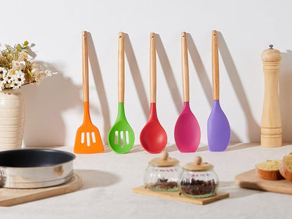 E-far Silicone Cooking Utensils Set, 5-Piece Kitchen Utensils Set with Wooden Handle for Cooking, Silicone Kitchen Nonstick Tools Spatula Turner Slotted Spoons, Nontoxic & Heat Resistant-Colorful - Image 6