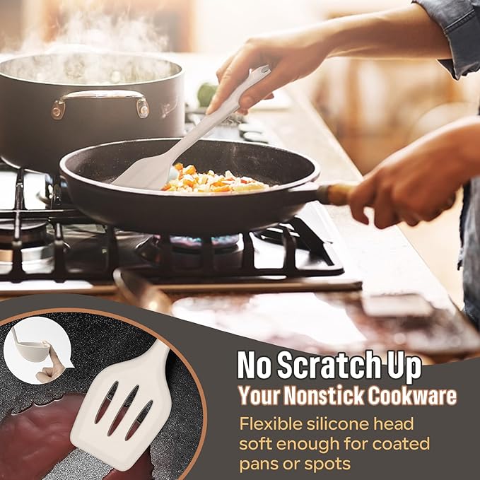 E-far Silicone Cooking Utensils Set, 7-Piece Khaki Heat Resistant Kitchen Utensils Set, Kitchen Nonstick Tools Spatula Ladle Spoon Pasta Server for Non-stick Cookware, Non-Toxic & Dishwasher safe - Image 4
