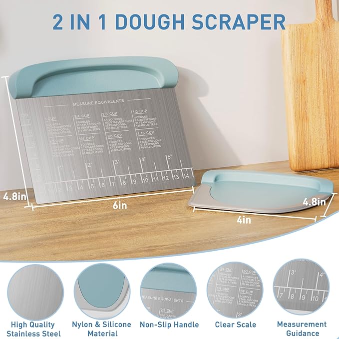 2 IN 1 Upgrade Bench Scraper, Dough Scraper for Pastry Bread Cake Pizza, Stainless Steel Dough Cutter with Conversion Chart & Measuring Scale, Bowl Scraper Food Scraper for Kitchen Baking, Blue - Image 2