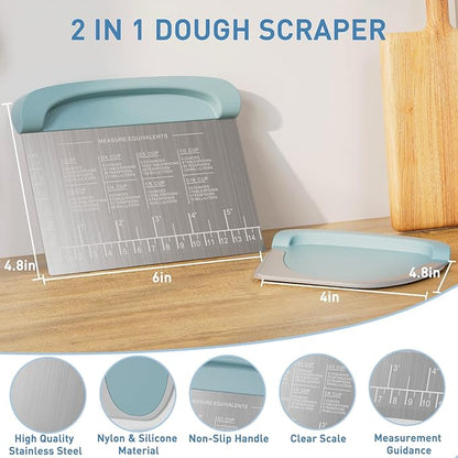 2 IN 1 Upgrade Bench Scraper, Dough Scraper for Pastry Bread Cake Pizza, Stainless Steel Dough Cutter with Conversion Chart & Measuring Scale, Bowl Scraper Food Scraper for Kitchen Baking, Blue - Image 2