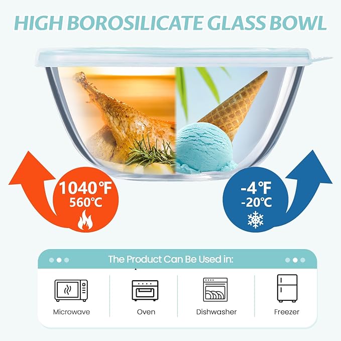 Luvan Glass Mixing Bowls with Lids Set(4.5QT, 2.7QT, 1.1QT)-Large Glass Mixing Bowls, Clear Salad Bowl for Baking, Cooking, Serving, Food Prep, 3PC Nesting Bowls for Kitchen Storage & Dishwasher Safe - Image 4