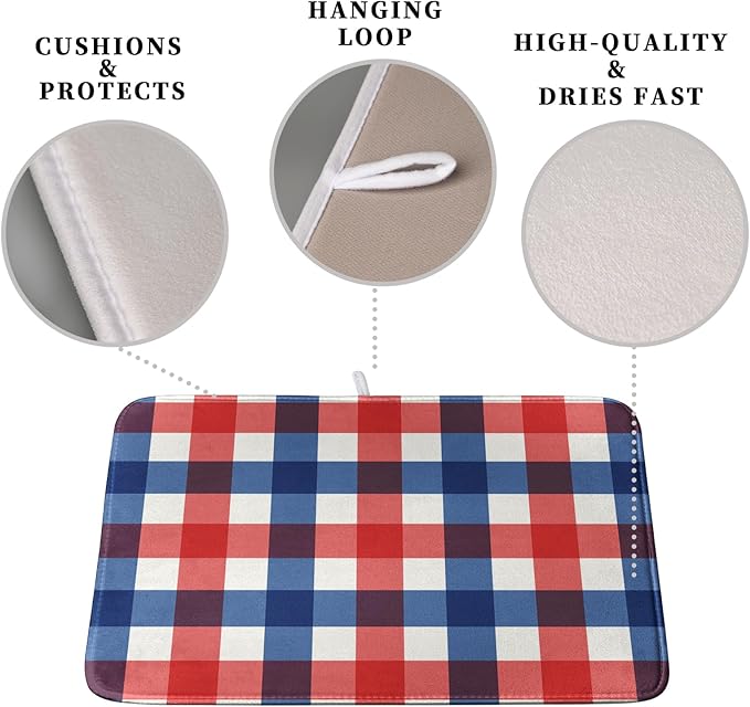 4th of July Dish Drying Mat Patriotic Buffalo Plaid Drying Mats for Kitchen Counter Absorbent Microfiber Dish Drainer Pad Independence Memorial Day Dish Draining Mat 18x24 Inch - Image 3