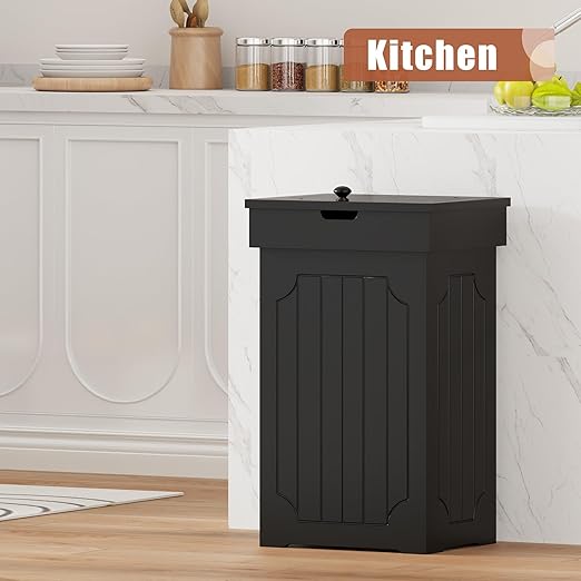 Function Home Trash Can Cabinet, 13 Gallon Kitchen Garbage Can, Wood Recycling Trash Bin, Freestanding Dog Proof Trash Can, Farmhouse Trash Cabinet with Lid for Home Kitchen Bathroom, Black - Image 2