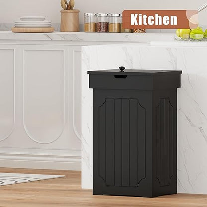Function Home Trash Can Cabinet, 13 Gallon Kitchen Garbage Can, Wood Recycling Trash Bin, Freestanding Dog Proof Trash Can, Farmhouse Trash Cabinet with Lid for Home Kitchen Bathroom, Black - Image 2