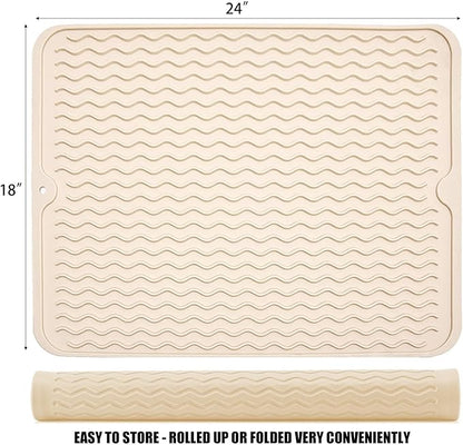 Large 24" x 18" Silicone Dish Drying Mat for Kitchen Counter, Easy clean, Quick Dry, Heat-resistant Dish Drainer Mat for Sink,Refrigerator or Drawer liner (Food Grade Silicone-Beige) - Image 2