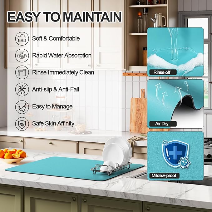 Ecotrim - Dish Drying Mat for Kitchen Counter | Coffee Bar Mat for Countertops | Heat Resistant Drainer Mat with Non-slip Rubber Backed | Hide Stain Kitchen Absorbent Draining Mat | Turquoise 18"x32" - Image 3