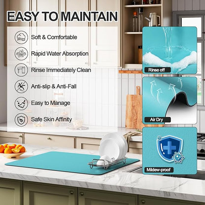 Ecotrim - Dish Drying Mat for Kitchen Counter | Coffee Bar Mat for Countertops | Heat Resistant Drainer Mat with Non-slip Rubber Backed | Hide Stain Kitchen Absorbent Draining Mat | Turquoise 18"x28" - Image 3