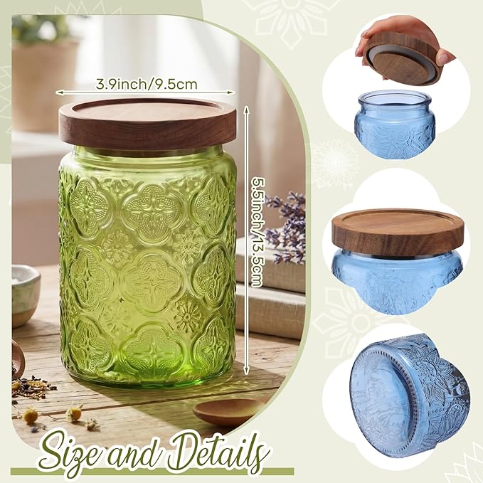 Willinglong 2 Pack 23.7oz Colored Vintage Glass Storage Jars with Wooden Lids Embossed Floral Decorative Canisters for Kitchen Countertop Airtight Container for Sugar Cookie Coffee Tea (Green, Blue) - Image 4