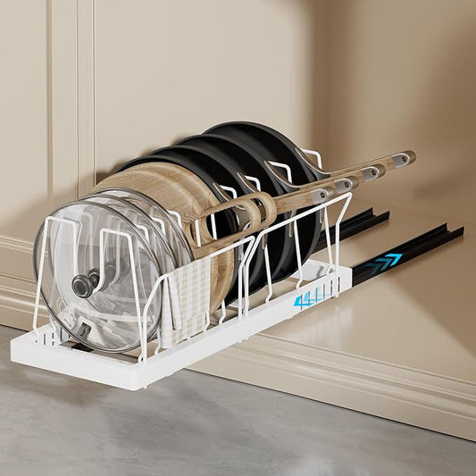 Magheo Pots and Pans Organizer Under Cabinet, 22" Deep Expandable Pull Out Pot Lid Organizer and Storage with 10 Adjustable Dividers No Drill Pot and Pan Holder Rack with Handle Bracket(1 Pack,White) by COMFORTYOURHOME