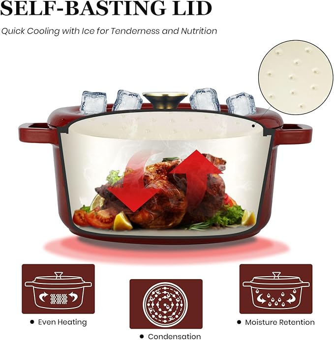 Overmont Enameled Cast Iron Dutch Oven - 5QT Pot with Lid Cookbook & Cotton Potholders - Heavy-Duty Cookware for Braising, Stews, Roasting, Sourdough Baking burgundy - Image 2