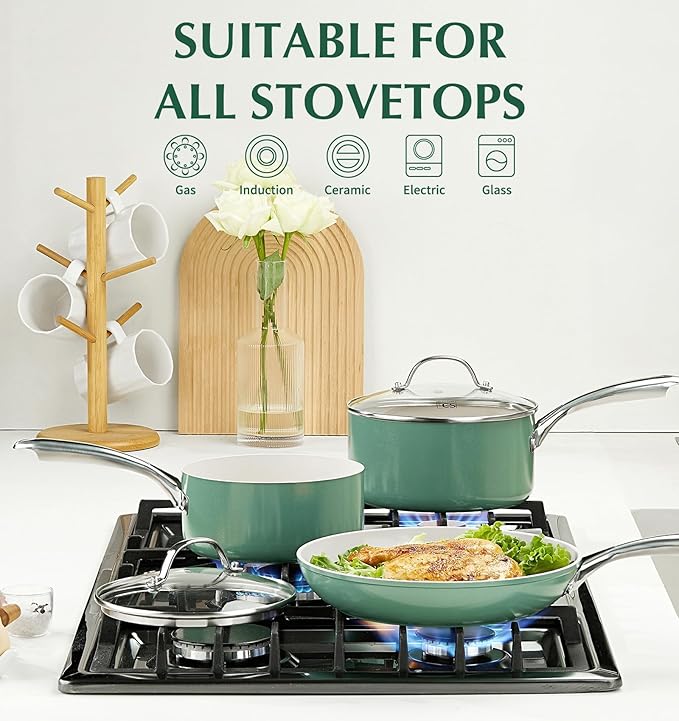 KOCH SYSTEME CS Nonstick Sauce Pan with Lid 1QT, 2QT & 3QT, Ceramic Saucepan Set 6Pcs, Non-Toxic Saucepan Set, Cooking Pots Set, Oven Safe & Induction Compatible, Green - Image 4