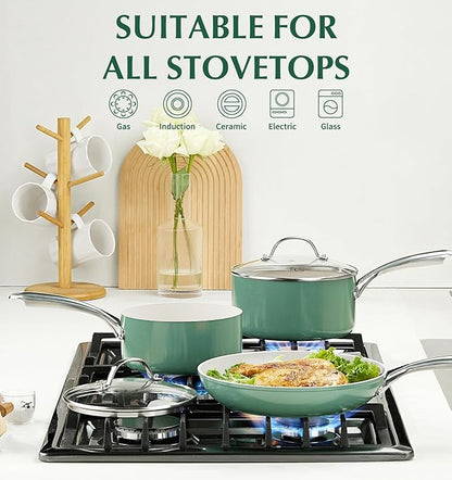 KOCH SYSTEME CS Nonstick Sauce Pan with Lid 1QT, 2QT & 3QT, Ceramic Saucepan Set 6Pcs, Non-Toxic Saucepan Set, Cooking Pots Set, Oven Safe & Induction Compatible, Green - Image 4