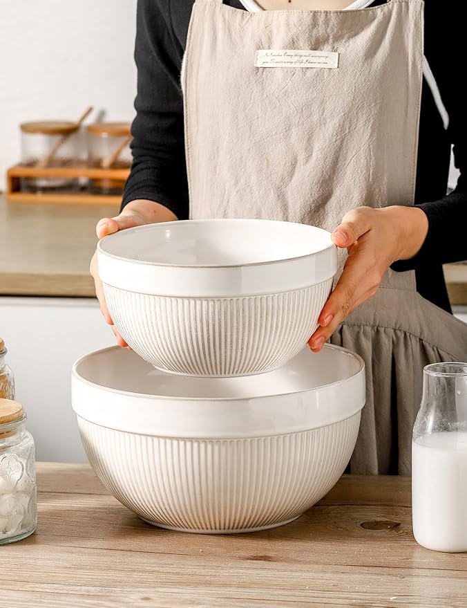 Ceramic Large Glazed White Stripe Mixing Bowls for Kitchen, Set of 2 Big Serving Bowls for Cooking, Popcorn, Salad, Soup, Baking, Dough Bread Making Bowl, 10 inch + 8 inch - Image 7