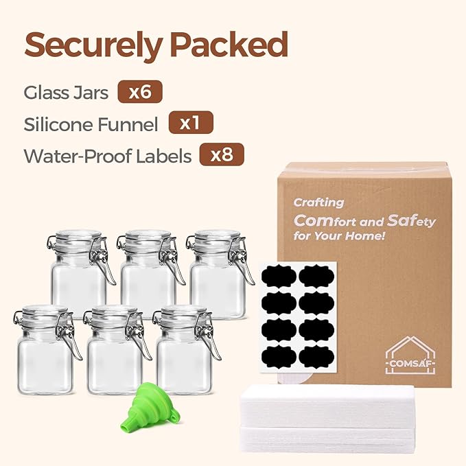 ComSaf Set of 6 Square Glass Spice Jars with Airtight Lids (4 Oz), Mini Favor Jars with Wire Clamp for Honey, Herbs & Farmhouse Kitchen Pantry Organization, with Funnel & Labels - Image 8