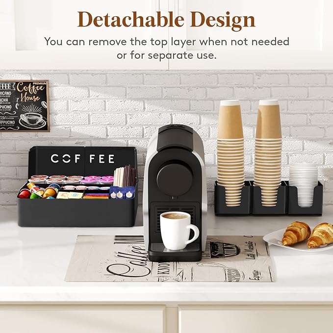 Lifewit 2-tier Coffee Station Organizer Caddy for Countertop, 10 Compartments Coffee Bar Organizers for Cups, Pods, Sugar, Compact Condiment Holders Storage for Office Breakroom Kitchen Home Black - Image 6