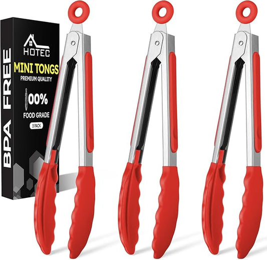 Hotec Mini Silicone Kitchen Tongs for Cooking - 7-Inch Small Serving Tongs with Silicone Tips, Set of 3 (Red) by Hotec