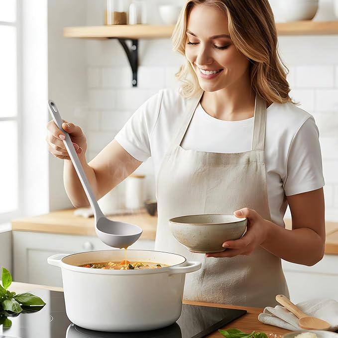 Silicone Spaghetti Spoon&Soup Ladle Cooking Utensils Set of 2,No Scratch for Nonstick Cookware,BPA Free, 450℉ Heat Resistant (GRAY) - Image 2