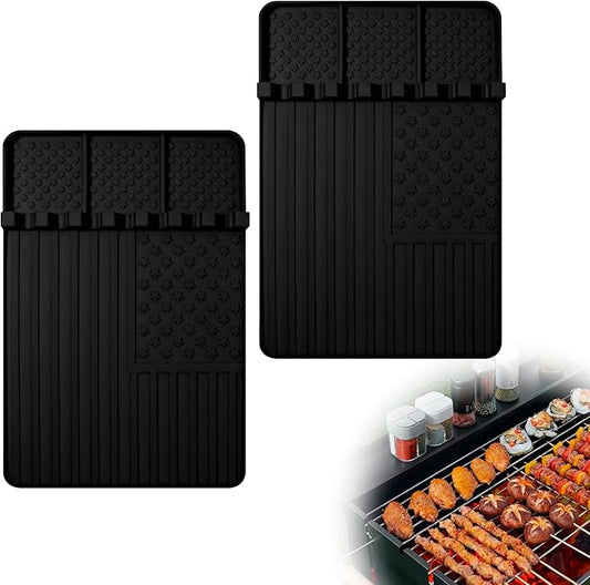 2 PCS Silicone Griddle Tools Mat for Blackstone,Grill BBQ Caddy Utensils Holder for Kitchen,Cooking & Countertop,Large Spatula Mat with Drip Pad,Griddle Accessories for Blackstone (Black 2pcs)