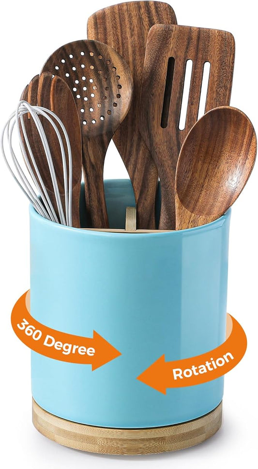 LoeJan 3 Compartment Utensil Holder, Extra Large Utensil Crock, Stable Ceramic Utensil Organizer, Cooking Tool Organizer Set for Kitchen Counter Farmhouse Decor, Turquoise by LoeJan