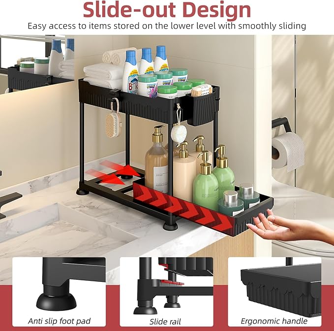 Sevenblue 4 Pack Under Sink Organizer, Bathroom Organizers and Storage, 2 Tier Multi-Use Pull Out Cabinet Organizer with Hang Hooks and Cups (Black, 4 Pack) - Image 2