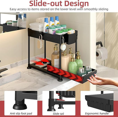 Sevenblue 4 Pack Under Sink Organizer, Bathroom Organizers and Storage, 2 Tier Multi-Use Pull Out Cabinet Organizer with Hang Hooks and Cups (Black, 4 Pack) - Image 2