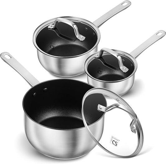 KOCH SYSTEME CS Stainless Steel Saucepan Set, 1QT & 2QT & 3QT Stainless Steel Sauce Pan with Nonstick Coating, Induticon Sauce Pan Sets with Lids, Easy to Clean, Oven Safe by KOCHSYSTEMECS