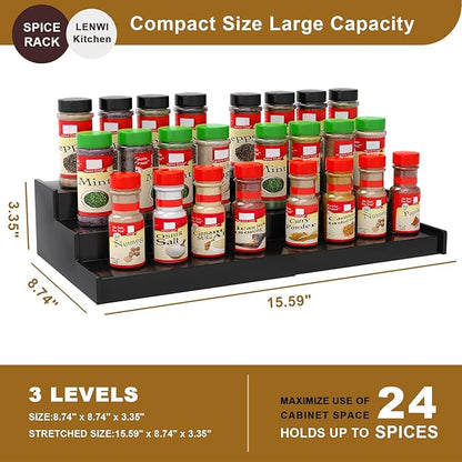 Lenwi Spice Rack Organizer for Cabinet, 3 Tier Expandable Bamboo Spice Storage for Kitchen Cupboard Pantry, Black - Image 5