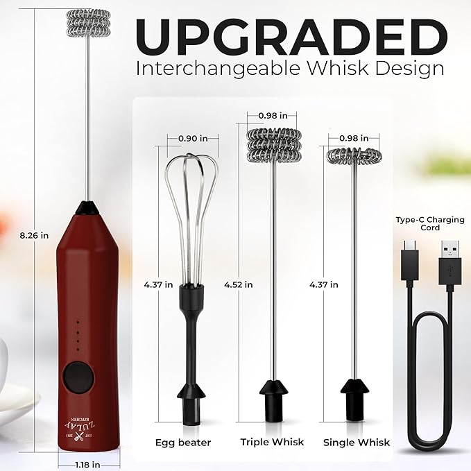 Zulay Kitchen Rechargeable Milk Frother - Dynamic - 3 Speeds, 3 Whisk Attachments, 500 mAh USB Charging, Drink Mixer For Latte, Cappuccino, Matcha, Protein Powder, Coffee Foam - Red Black - Image 5