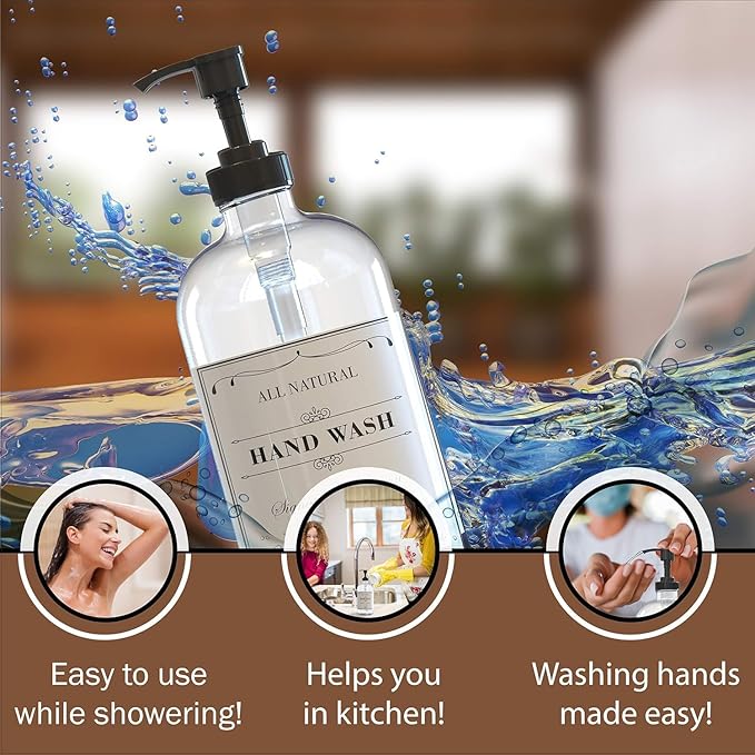 Sunrise Premium 16 OZ Clear Glass Soap Dispenser with Pump, Hand and Dish Soap Dispenser Set for Bathroom with 12 Waterproof Labels, Pack 4 - Image 3