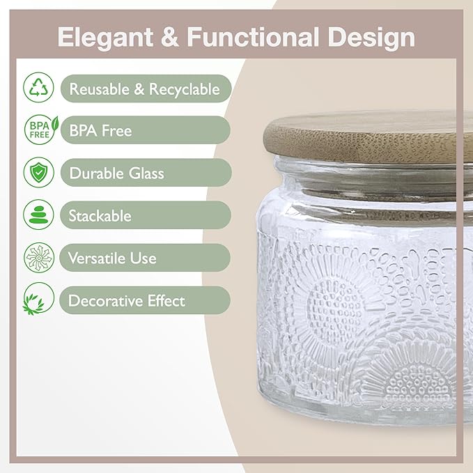 4 oz Mini Glass Jars with Airtight Bamboo Lids 24 pack, Decorative Small Food Storage Canister, Vintage Embossed Home Décor Candle Parties Wedding Baby Shower Favors Gift
