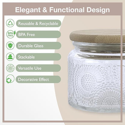 4 oz Colored Mini Glass Jars with Airtight Bamboo Lids 24 pack, Decorative Small Food Storage Canister, Vintage Embossed Home Décor Candle Parties Wedding Baby Shower Favors Gift