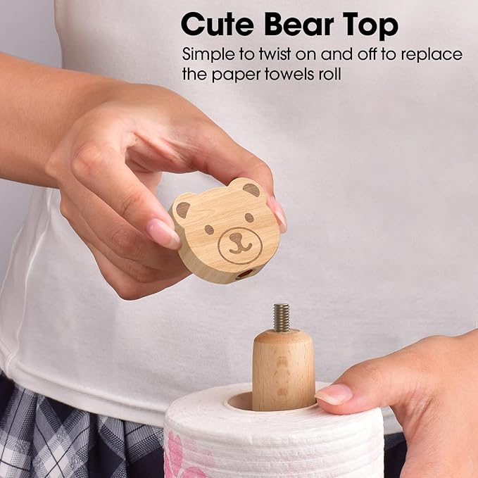KitchLife Cute Wooden Paper Towel Holder Countertop - Solid Freestanding Paper Towel Dispenser Stand Organizer with Anti-Skid Base (Bear) - Image 4