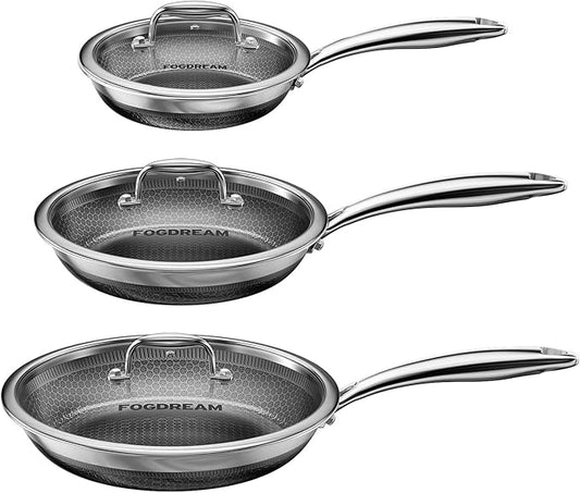 FogDream 8, 10, 12" Stainless Steel Frying Pan with Lid, Hybrid Nonstick Skillet for Induction & All Cooktops, PFAS/PFOA/PTFE Free, Oven Safe to 500°F, Stay-Cool Handle, Dishwasher Safe, Silver by FogDream