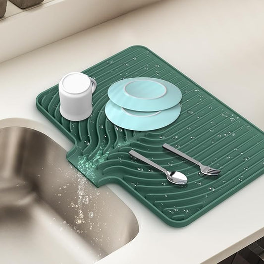 Dish Drying Mat for Kitchen Counter, with Built-in Drain Lip, Food-Grade Silicone, Easy Clean Pad for Countertop Protection, Multi-Functional Use (18x11.8, Dark Green) by JACZZO
