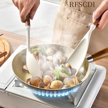 White Silicone Cooking Utensils Set, Kitchen Utensils Set 7 Pcs for cooking, Non-Toxic Spatula Set with Heat Resistant Wood Handles for Nonstick Cookware, (Cream White) - Image 4