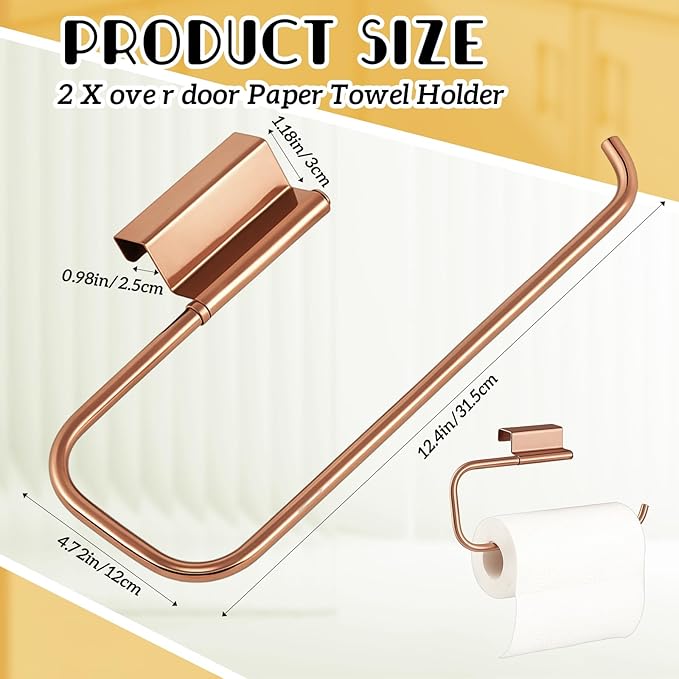 Yaocom 12.4 Inches Cabinet Door Paper Towel Holder Camper Under Sink No Drilling Paper Towel Storage and Dispenser for RV Kitchen Bathroom Laundry Room, Stainless Steel(Rose Gold,1 Pcs)