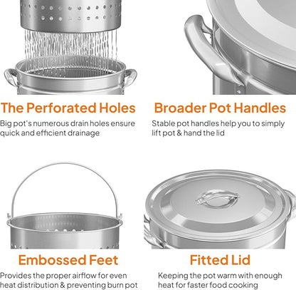 Bonnlo 44QT Turkey Fryer Pot with Steamer Basket, Lid & Lifting Hook, Stainless Steel Seafood Boil-Pot for Lobster, Crab & Shrimp, Heavy-Duty Deep Stockpot for Outdoor Boiling, Cooking & Frying