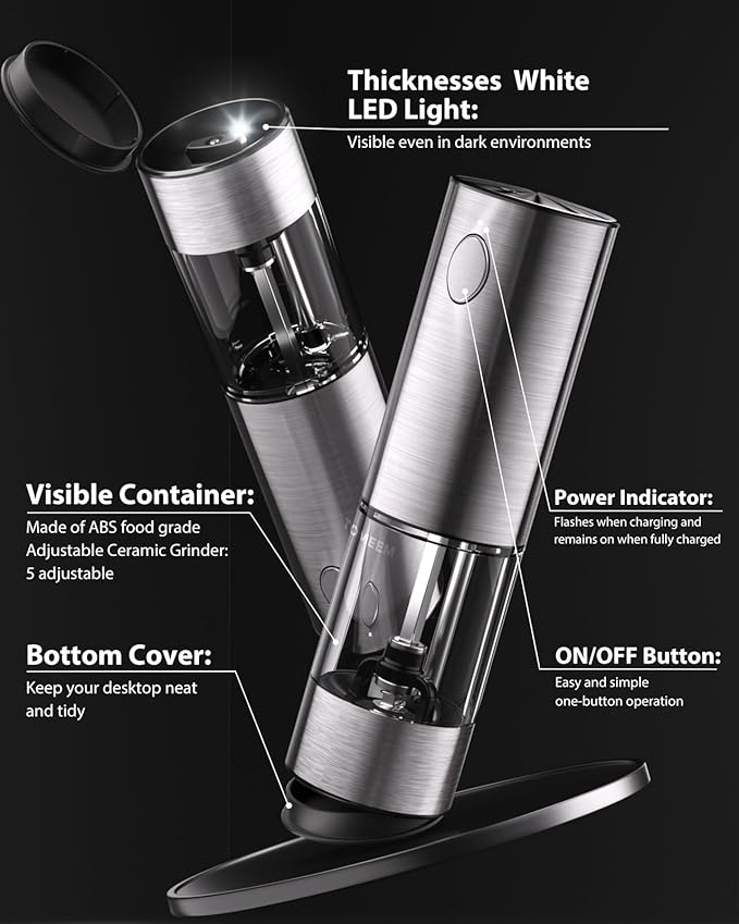 TOMEEM Upgraded Larger Capacity Electric Salt and Pepper Grinder Set Rechargeable with LED lights, Stainless Steel Automatic Pepper and Salt Grinder Refillable with 5 Adjustable Coarseness - Image 7