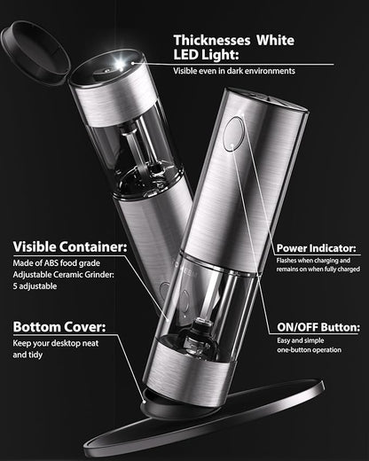 TOMEEM Upgraded Larger Capacity Electric Salt and Pepper Grinder Set Rechargeable with LED lights, Stainless Steel Automatic Pepper and Salt Grinder Refillable with 5 Adjustable Coarseness - Image 7