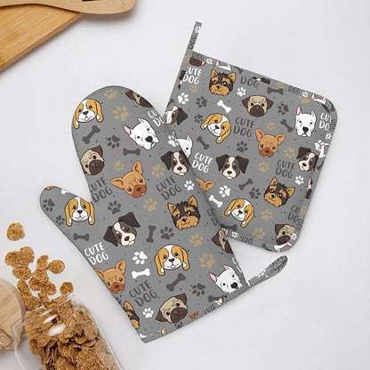 Cute Dog Oven Mitts and Pot Holders Sets Heat Resistant Non-Slip Silicone Oven Gloves Kitchen Accessories for Cooking Baking Grilling BBQ