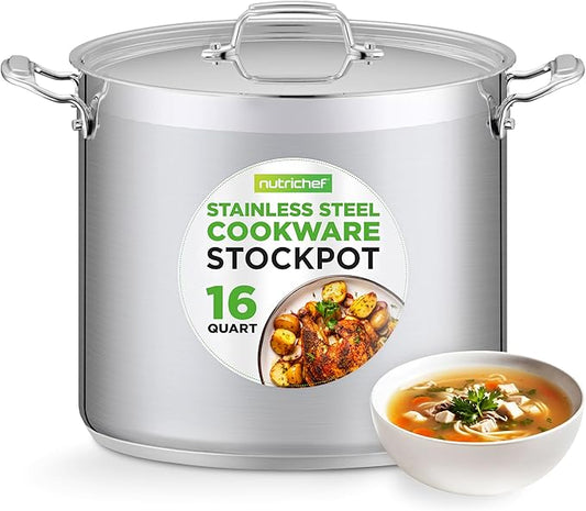 NutriChef 16-Quart Stainless Steel Stockpot - 18/8 Food Grade Heavy Duty Large Stock Pot for Stew, Simmering, Soup, Includes Lid, Dishwasher Safe, Works w/Induction, Ceramic & Halogen Cooktops by NutriChef%E2%84%A2Kitchen