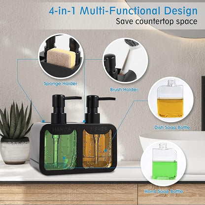 Kitchen Soap Dispenser Set, with Hand and Dish Soap, Sponge Caddy and Brush Holder 4-in-1 Kitchen Dual Soap Dispenser Set for Kitchen Sink, Bathroom - Black - Image 2