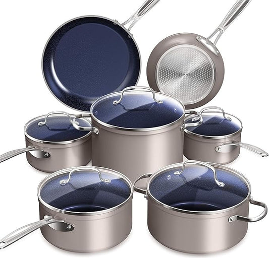 Nuwave Healthy Duralon Blue Ceramic Nonstick Cookware Set, Diamond Infused Scratch-Resistant, PFAS Free, Dishwasher & Oven Safe, Induction Ready & Evenly Heats, Tempered Glass Lids & Stay-Cool Handles by NuWave
