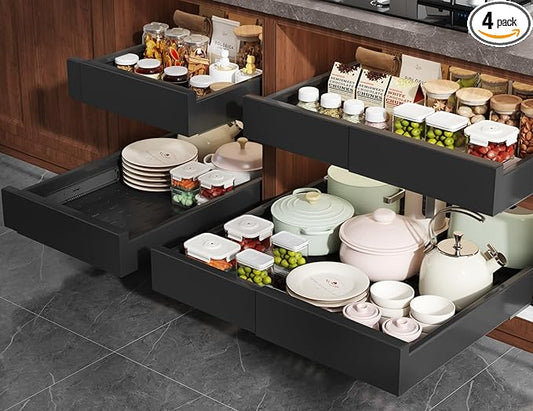 Seinloes 4 Pack Pull Out Cabinet Organizer Expandable Width(13"-21") and Depth(17"-24"),Slide Out Drawers With Raising Pad for Framed Cabinets,No Drill Roll Out Shelves for kitchen,Bathroom,Black by Seinloes