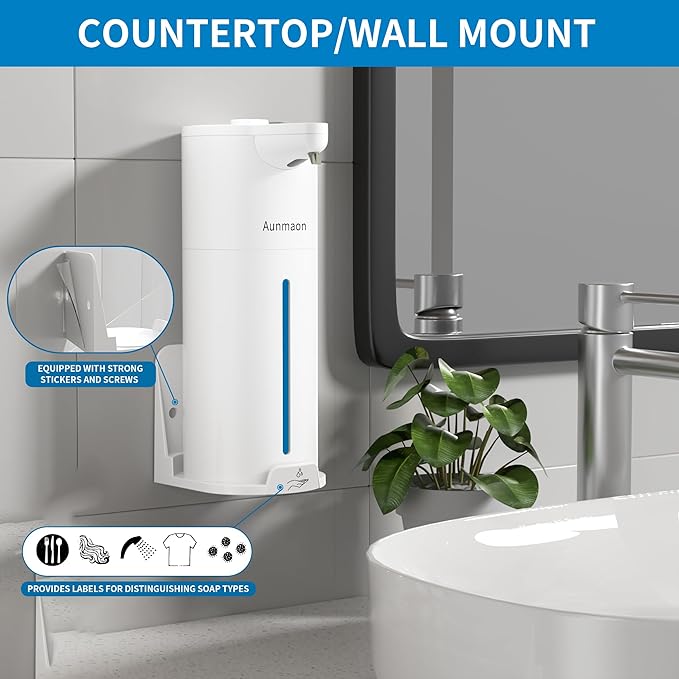 Aunmaon Automatic Soap Dispenser Touchless, Modern, Kitchen & Bathroom, Hands-Free, Adjustable Volume, Long Battery Life, Compatible with Thick & Thin Soap, Easy for Toddlers, Clog-Free, White - Image 4