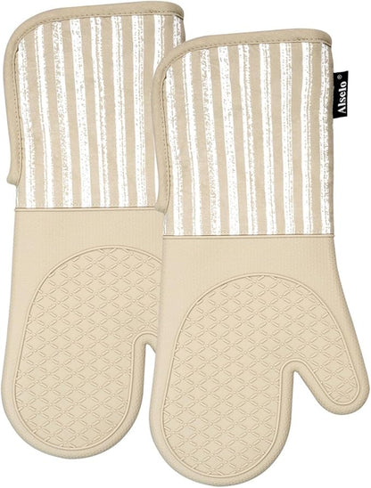 Alselo Silicone Oven Mitts Heat Resistant 932℉ with Waterproof & Non-Slip Kitchen Mittens, Set of 2 Extra Long Oven Gloves with Soft Cotton Terry Lining for Baking Cooking Barbecue (Khaki, 2) - Image 9