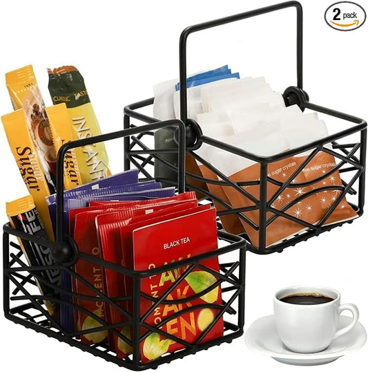 Yarlung 2 Pack Sugar Packet Basket Metal Wire Tea Bag Holder with Removable Stylish Handle, 4.7x3.5x2.5 Inches Coffee Bar Packet Coffee Pod Holder for Coffee Table, Office, Elegant Black