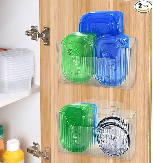 Pensino 2 Pack Adhesive Cabinet Door Organizer Storage Caddy, Clear Lid Organizer Inside Cabinet Wall Mounted Pantry Door Caddy for Food Container Lid Kitchen Under Sink Basket (Clear) by Unknown