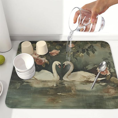 Swans Dish Drying Mat 18x16 Inch, White Swan Drying Mat with Absorbent Reversible Microfiber, Wildlife Aesthetic Dish Drainer Mats Summer Rack Pad for Coffee Countertop Kitchen Protector